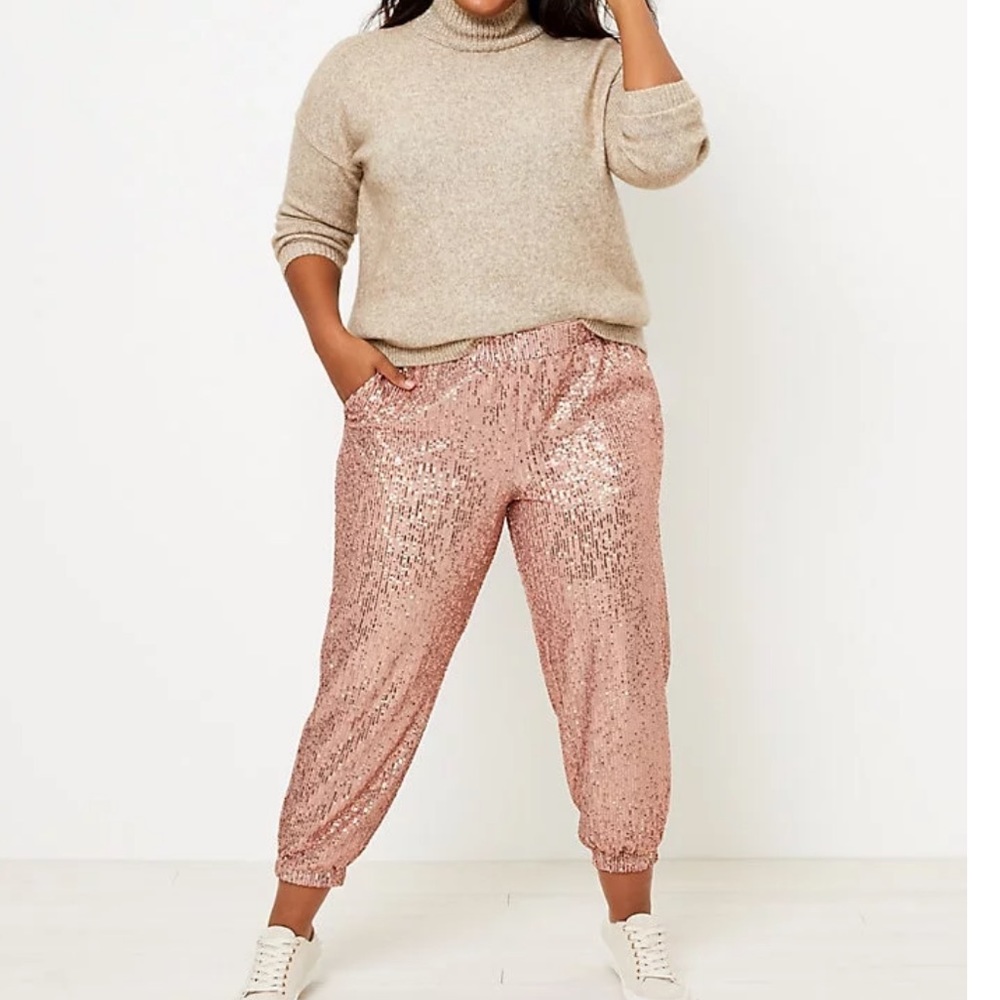 LOFT PLUS Sequin Pink Rose Gold Party Jogger Pants Sparkle Champagne 16